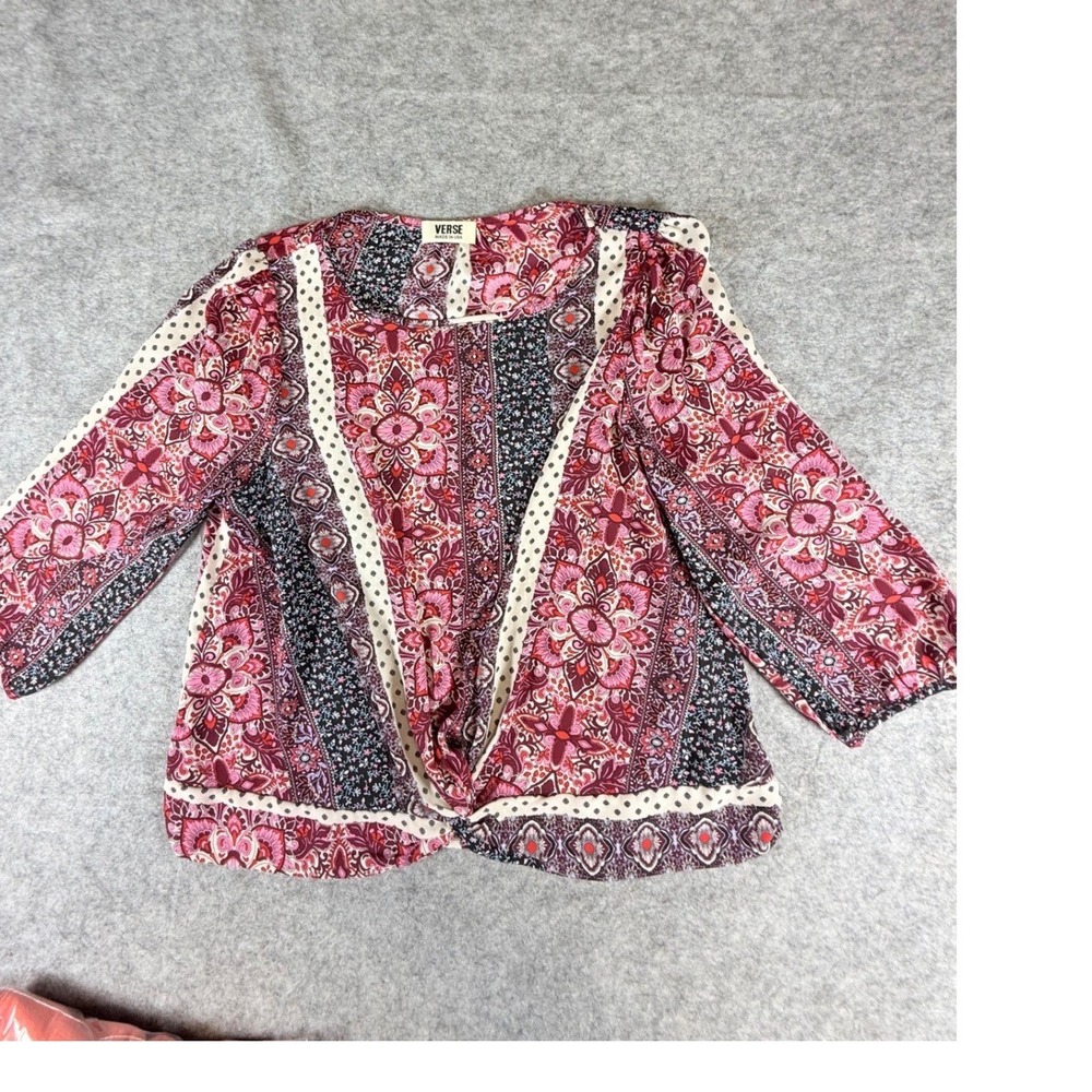 Verse Womens Paisley Floral Twist Front Blouse 3/4 Sleeve Pink Burgundy USA Made